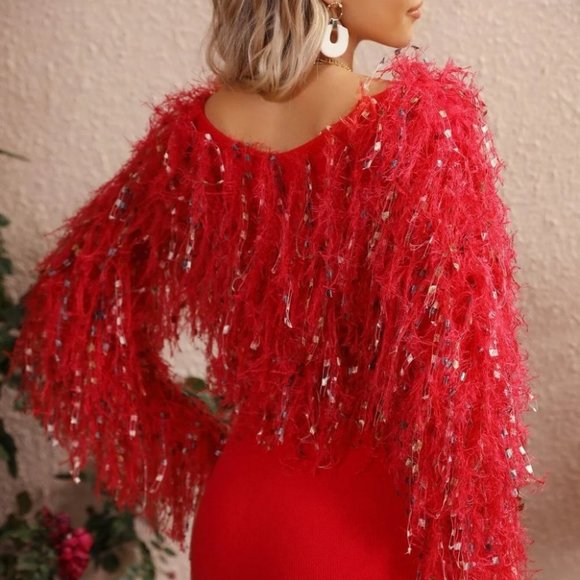 Red Womens Fringe Trim Bodycon Dress - Picture 3 of 5